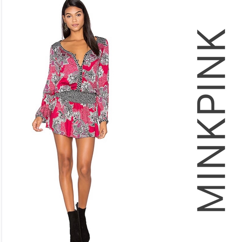 MINK PINK NWT ‘Wilderness Drop Waist Smocked Mini Dress’ Size Small